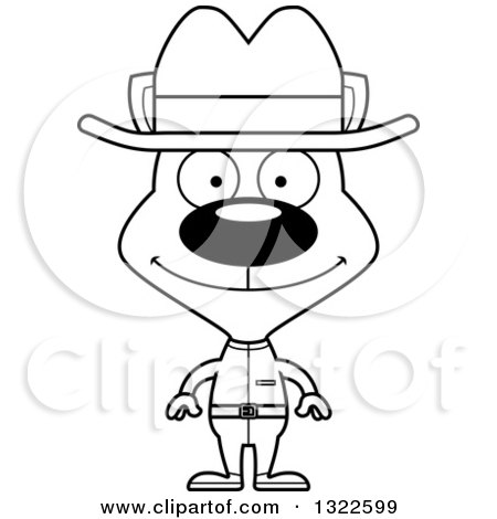 Lineart Clipart of a Cartoon Black and White Happy Cat Cowboy - Royalty Free Outline Vector Illustration by Cory Thoman