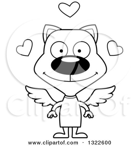 Lineart Clipart of a Cartoon Black and White Happy Cat Cupid - Royalty Free Outline Vector Illustration by Cory Thoman