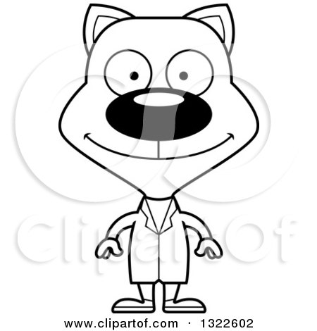 Lineart Clipart of a Cartoon Black and White Happy Cat Doctor or Veterinarian - Royalty Free Outline Vector Illustration by Cory Thoman