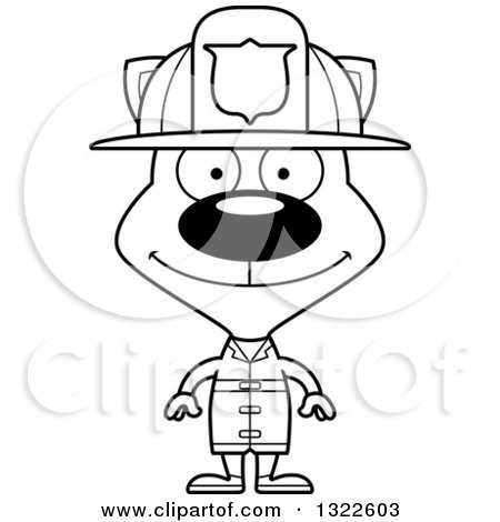 Lineart Clipart of a Cartoon Black and White Happy Cat Firefighter - Royalty Free Outline Vector Illustration by Cory Thoman