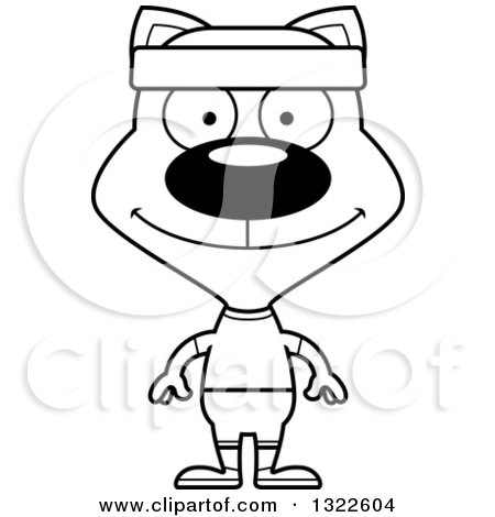 Lineart Clipart of a Cartoon Black and White Happy Fitness Cat - Royalty Free Outline Vector Illustration by Cory Thoman
