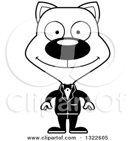 Lineart Clipart of a Cartoon Black and White Happy Cat Groom - Royalty Free Outline Vector Illustration by Cory Thoman