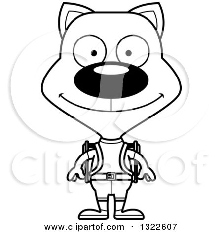 Lineart Clipart of a Cartoon Black and White Happy Cat Hiker - Royalty Free Outline Vector Illustration by Cory Thoman