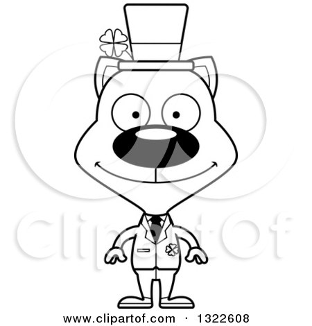 Lineart Clipart of a Cartoon Black and White Happy Irish St Patricks Day Cat - Royalty Free Outline Vector Illustration by Cory Thoman