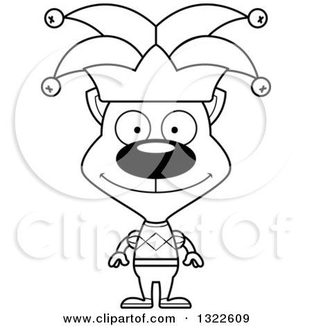 Lineart Clipart of a Cartoon Black and White Happy Jester Cat - Royalty Free Outline Vector Illustration by Cory Thoman