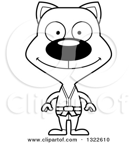 Lineart Clipart of a Cartoon Black and White Happy Karate Cat - Royalty Free Outline Vector Illustration by Cory Thoman
