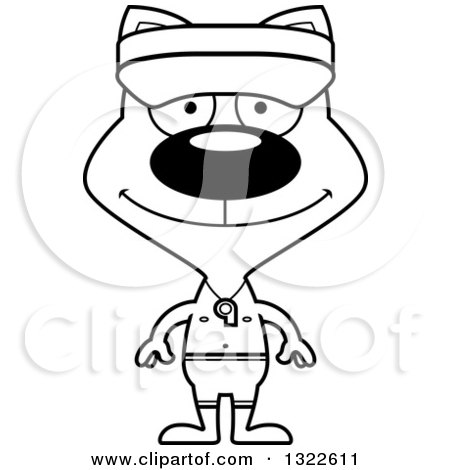 Lineart Clipart of a Cartoon Black and White Happy Cat Lifeguard - Royalty Free Outline Vector Illustration by Cory Thoman