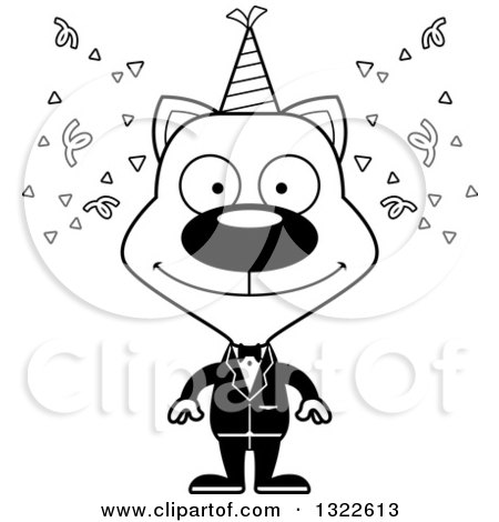 Lineart Clipart of a Cartoon Black and White Happy Party Cat - Royalty Free Outline Vector Illustration by Cory Thoman