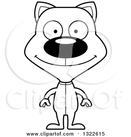 Lineart Clipart of a Cartoon Black and White Happy Cat in Pajamas - Royalty Free Outline Vector Illustration by Cory Thoman