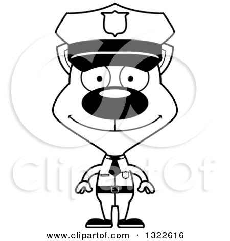 Lineart Clipart of a Cartoon Black and White Happy Cat Police Officer - Royalty Free Outline Vector Illustration by Cory Thoman