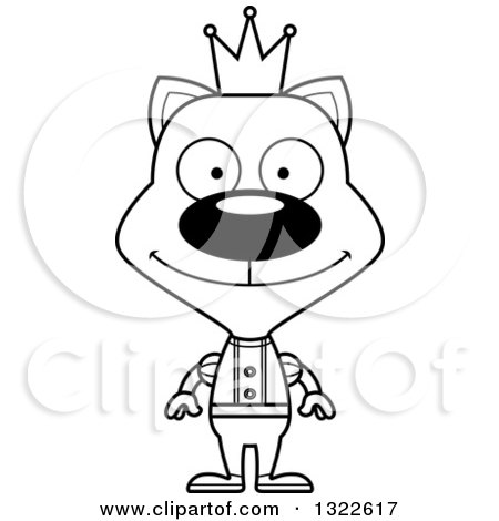 Lineart Clipart of a Cartoon Black and White Happy Cat Prince - Royalty Free Outline Vector Illustration by Cory Thoman