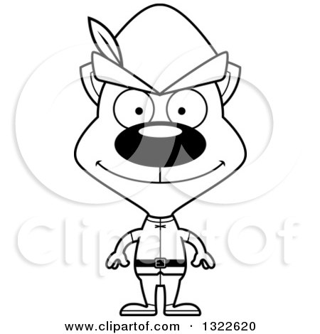 Lineart Clipart of a Cartoon Black and White Happy Cat Robin Hood - Royalty Free Outline Vector Illustration by Cory Thoman