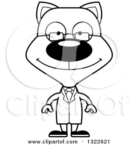 Lineart Clipart of a Cartoon Black and White Happy Cat Scientist - Royalty Free Outline Vector Illustration by Cory Thoman