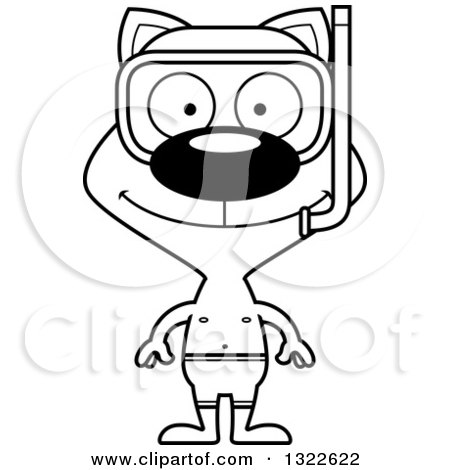 Lineart Clipart of a Cartoon Black and White Happy Cat in Snorkel Gear - Royalty Free Outline Vector Illustration by Cory Thoman