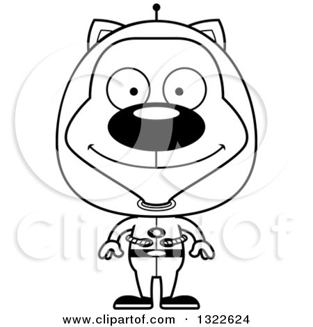 Lineart Clipart of a Cartoon Black and White Happy Futuristic Space Cat - Royalty Free Outline Vector Illustration by Cory Thoman