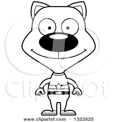 Lineart Clipart of a Cartoon Black and White Happy Cat Super Hero - Royalty Free Outline Vector Illustration by Cory Thoman