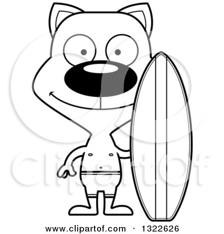 Lineart Clipart of a Cartoon Black and White Happy Surfer Cat - Royalty Free Outline Vector Illustration by Cory Thoman