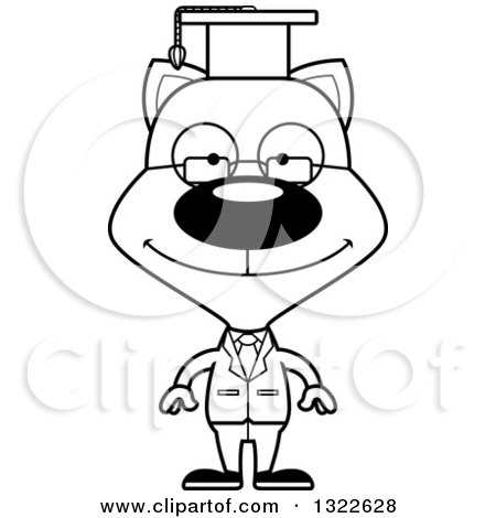 Lineart Clipart of a Cartoon Black and White Happy Cat Professor - Royalty Free Outline Vector Illustration by Cory Thoman