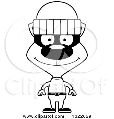 Lineart Clipart of a Cartoon Black and White Happy Cat Robber - Royalty Free Outline Vector Illustration by Cory Thoman