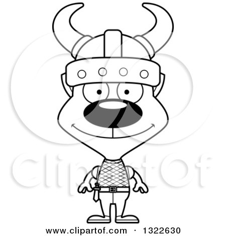 Lineart Clipart of a Cartoon Black and White Happy Cat Viking - Royalty Free Outline Vector Illustration by Cory Thoman