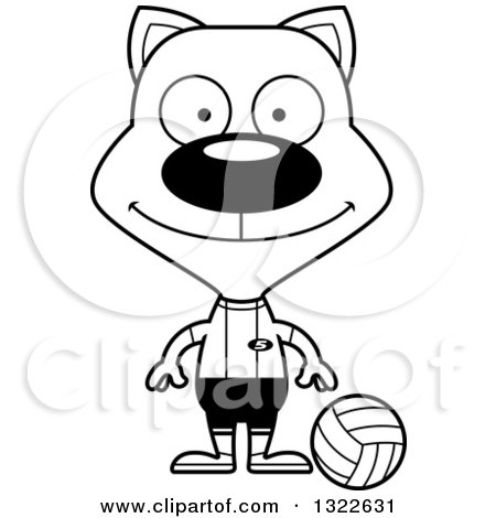 Lineart Clipart of a Cartoon Black and White Happy Cat Volleyball Player - Royalty Free Outline Vector Illustration by Cory Thoman