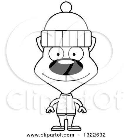 Lineart Clipart of a Cartoon Black and White Happy Winter Cat - Royalty Free Outline Vector Illustration by Cory Thoman