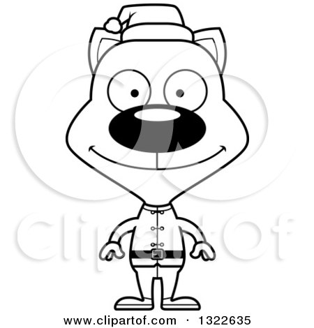 Lineart Clipart of a Cartoon Black and White Happy Cat Christmas Elf - Royalty Free Outline Vector Illustration by Cory Thoman