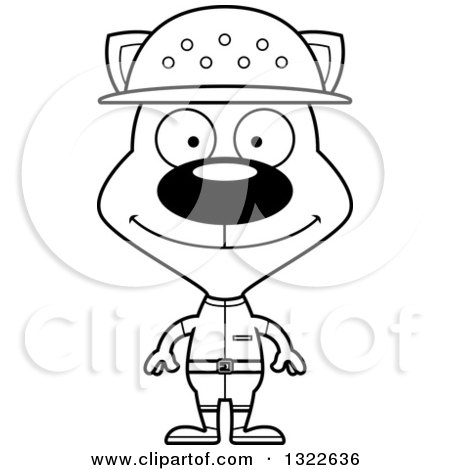Lineart Clipart of a Cartoon Black and White Happy Cat Zookeeper - Royalty Free Outline Vector Illustration by Cory Thoman