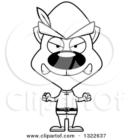 Lineart Clipart of a Cartoon Black and White Mad Cat Robin Hood - Royalty Free Outline Vector Illustration by Cory Thoman