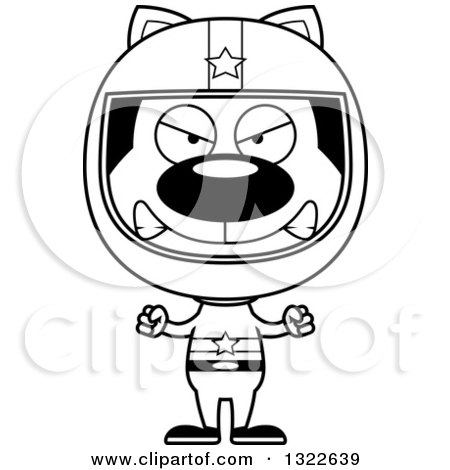 Lineart Clipart of a Cartoon Black and White Mad Cat Race Car Driver - Royalty Free Outline Vector Illustration by Cory Thoman