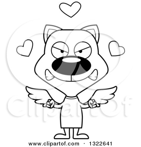 Lineart Clipart of a Cartoon Black and White Mad Cat Cupid - Royalty Free Outline Vector Illustration by Cory Thoman
