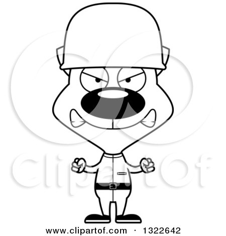 Lineart Clipart of a Cartoon Black and White Mad Cat Army Soldier - Royalty Free Outline Vector Illustration by Cory Thoman