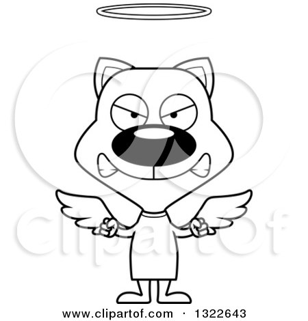 Lineart Clipart of a Cartoon Black and White Mad Angel Cat - Royalty Free Outline Vector Illustration by Cory Thoman