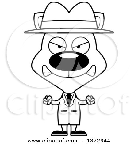 Lineart Clipart of a Cartoon Black and White Mad Cat Detective - Royalty Free Outline Vector Illustration by Cory Thoman