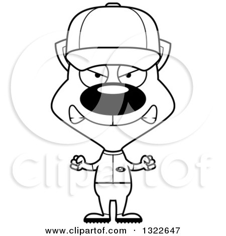 Lineart Clipart of a Cartoon Black and White Mad Cat Baseball Player - Royalty Free Outline Vector Illustration by Cory Thoman