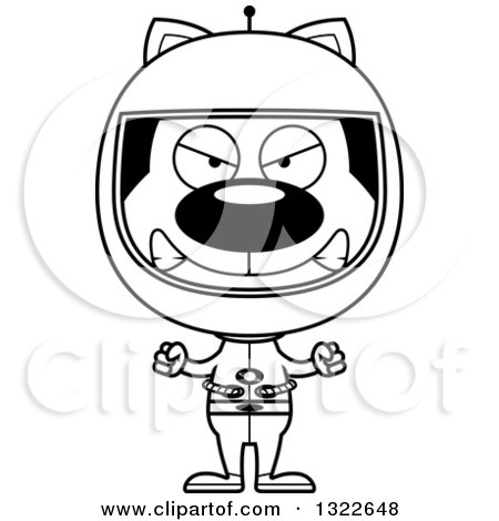 Lineart Clipart of a Cartoon Black and White Mad Cat Astronaut - Royalty Free Outline Vector Illustration by Cory Thoman