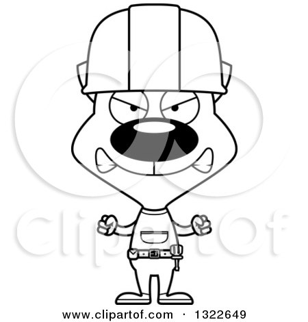 Lineart Clipart of a Cartoon Black and White Mad Cat Construction Worker - Royalty Free Outline Vector Illustration by Cory Thoman