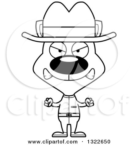 Lineart Clipart of a Cartoon Black and White Mad Cat Cowboy - Royalty Free Outline Vector Illustration by Cory Thoman