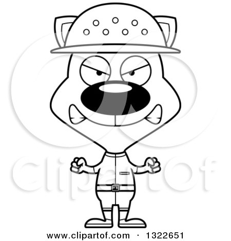 Lineart Clipart of a Cartoon Black and White Mad Cat Zookeeper - Royalty Free Outline Vector Illustration by Cory Thoman