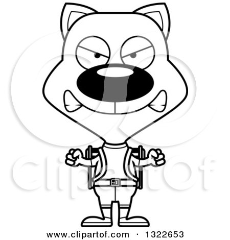 Lineart Clipart of a Cartoon Black and White Mad Cat Hiker - Royalty Free Outline Vector Illustration by Cory Thoman