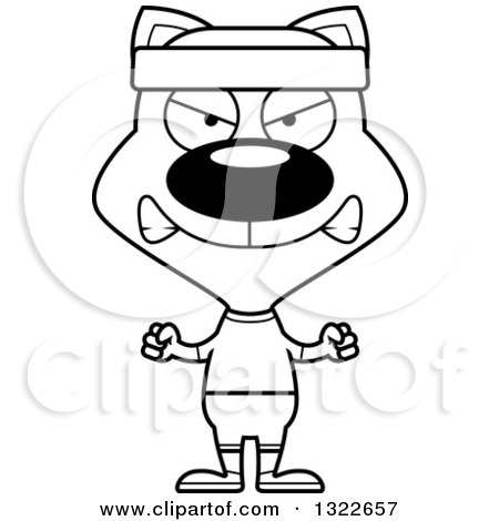 Lineart Clipart of a Cartoon Black and White Mad Fitness Cat - Royalty Free Outline Vector Illustration by Cory Thoman