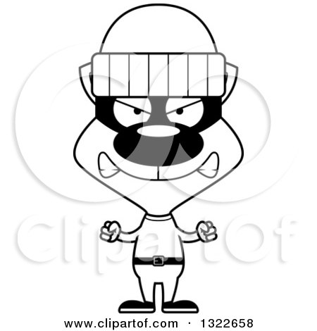 Lineart Clipart of a Cartoon Black and White Mad Cat Robber - Royalty Free Outline Vector Illustration by Cory Thoman