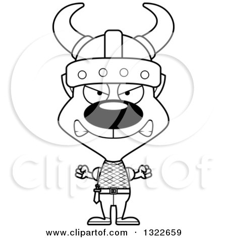 Lineart Clipart of a Cartoon Black and White Mad Cat Viking - Royalty Free Outline Vector Illustration by Cory Thoman