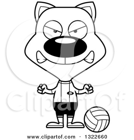 Lineart Clipart of a Cartoon Black and White Mad Cat Volleyball Player - Royalty Free Outline Vector Illustration by Cory Thoman