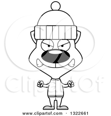 Lineart Clipart of a Cartoon Black and White Mad Winter Cat - Royalty Free Outline Vector Illustration by Cory Thoman