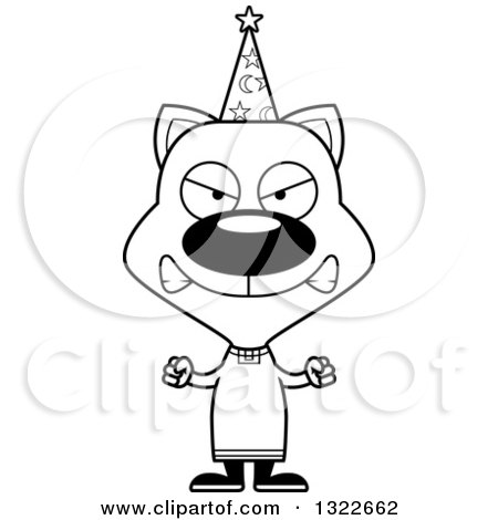 Lineart Clipart of a Cartoon Black and White Mad Cat Wizard - Royalty Free Outline Vector Illustration by Cory Thoman