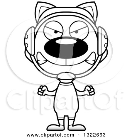 Lineart Clipart of a Cartoon Black and White Mad Cat Wrestler - Royalty Free Outline Vector Illustration by Cory Thoman