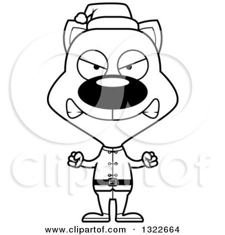 Lineart Clipart of a Cartoon Black and White Mad Cat Christmas Elf - Royalty Free Outline Vector Illustration by Cory Thoman