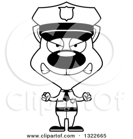 Lineart Clipart of a Cartoon Black and White Mad Cat Police Officer - Royalty Free Outline Vector Illustration by Cory Thoman