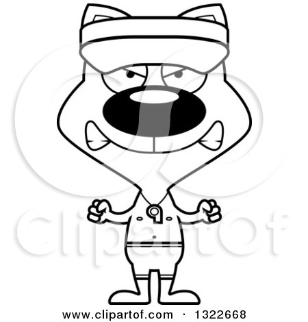 Lineart Clipart of a Cartoon Black and White Mad Cat Lifeguard - Royalty Free Outline Vector Illustration by Cory Thoman